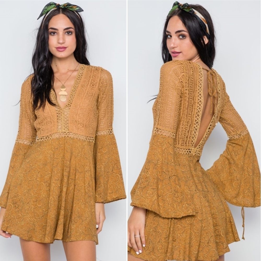 LAST 1! SIZE SMALL! TAN CROCHET BELL SLEEVES BOHO DRESS